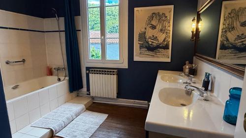 a bathroom with a sink and a bath tub at Au moulin d'Izaourt in Izaourt