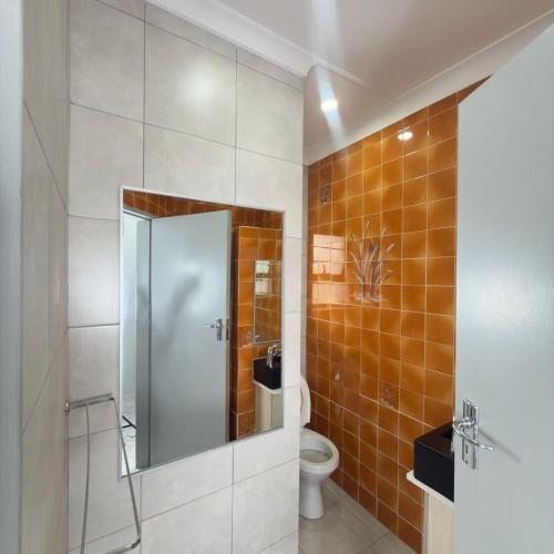 a bathroom with a toilet and a mirror at Cozy Villa Lodge in Edenvale