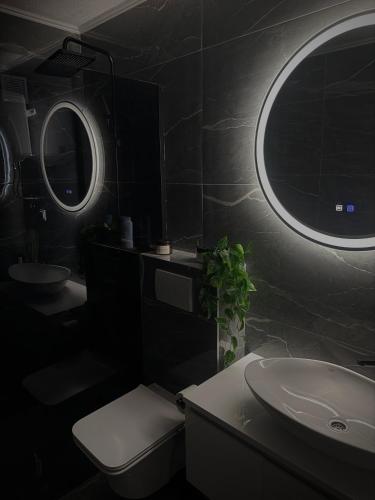 a bathroom with a sink and a toilet and a mirror at AD PRESTIGE Apartment in Gradačac