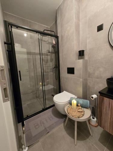 a bathroom with a toilet and a shower and a table at Urban Nest Tuzla in Tuzla