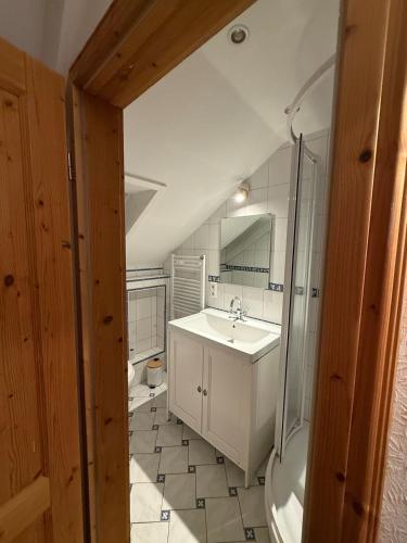 a bathroom with a sink and a shower and a toilet at berg zeit in Hinterzarten in Hinterzarten