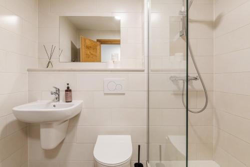 a bathroom with a toilet and a sink and a shower at Hotel Du Lac in Montriond