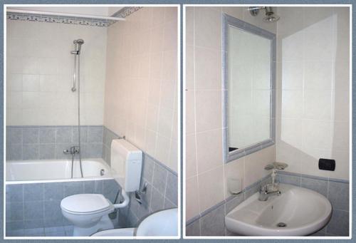 トッレ・ファロにあるCasa Siciliaのバスルーム(トイレ、洗面台付)の写真2枚