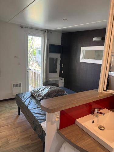 a small bedroom with a bed and a sink at Mobil-home val de durance in Cadenet