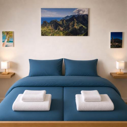 a bedroom with a blue bed with two pillows at Oceanview Mesa del Mar in Santa Cruz de Tenerife