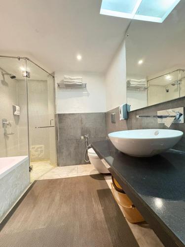 a bathroom with a large sink and a shower at Hotel Royal Serena in Ambāla