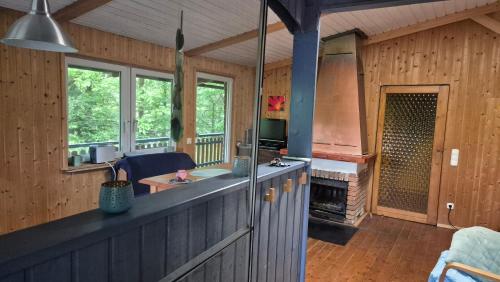 a kitchen with a stove in a wooden house at Ferienhaus am Edersee in Vöhl