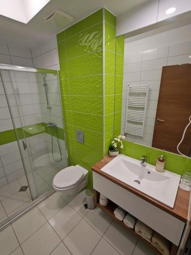a bathroom with a toilet and a sink and a shower at Rubin Verde Residence in Sárvár