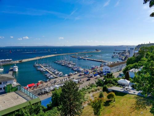 a view of a marina with boats in the water at Villa Friede-Marie, Penthouse Lenea in Sassnitz