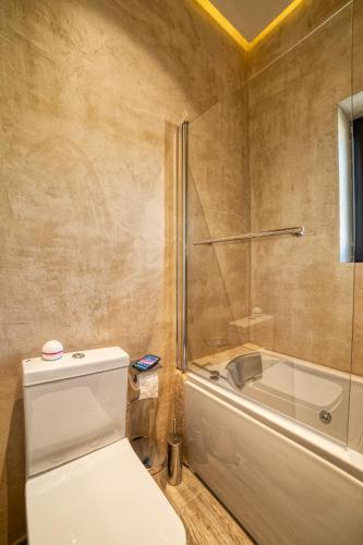 a bathroom with a toilet and a shower and a tub at Olive Luxury Suites - ADULTS ONLY in Kamilari