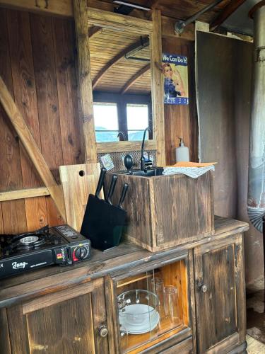 a kitchen with wooden walls and a counter with a sink at Sommerkino in Krispl