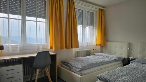 a bedroom with two beds and a desk and windows at Marienburg Castle in Wikon