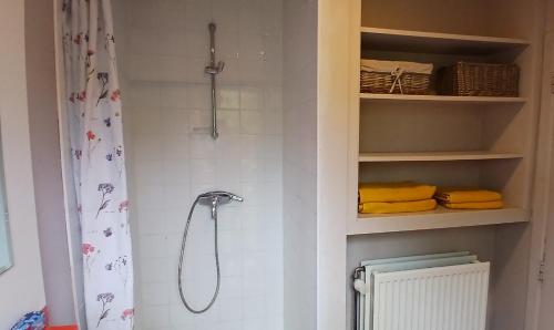 a shower in a bathroom with a shower curtain at B2B Apartment Creamundi in Lokeren