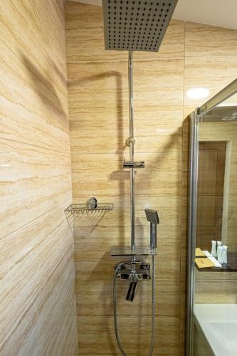 a shower in a bathroom with wooden walls at Pensiunea Ținutul Mărului in Voineşti