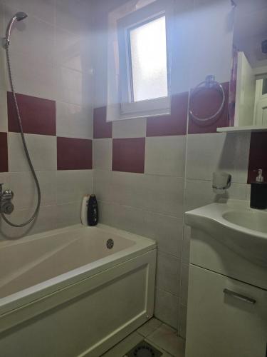 a bathroom with a bath tub and a sink at Apartmani Borko 3-3 in Loznica