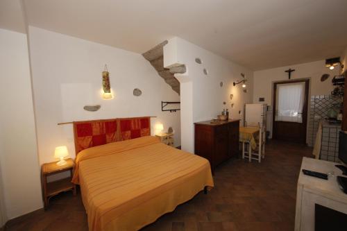 a bedroom with a large bed and a kitchen at Agriturismofaucci in Campo nell'Elba