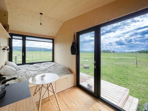 a room with a bed and a table and a window at Cabin stay with optional Donkey Picnic Experience in Hallau