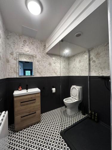 a bathroom with a toilet and a sink and a mirror at Teach na Radharc in Raheen