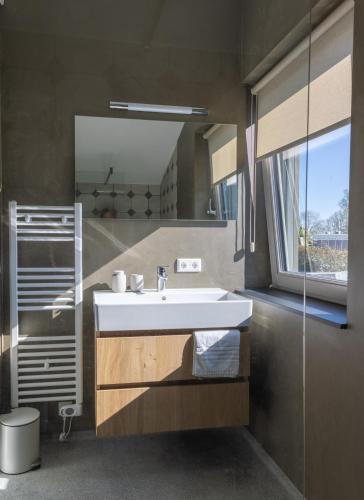 a bathroom with a white sink and a mirror at Parc La Dune Dutch Lodge in Warmenhuizen