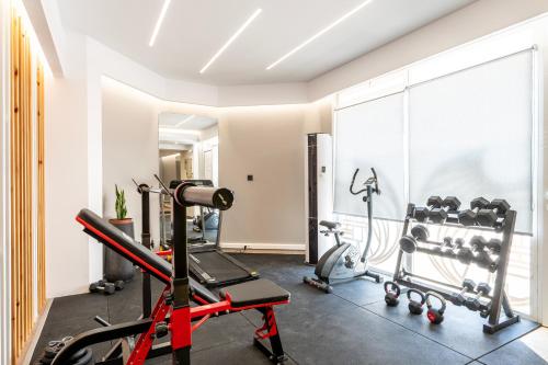 a gym with a treadmill and weights in a room at The Infinities - Premium Villa Alexandros in Kos