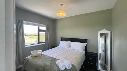 a bedroom with a bed with a mirror and a window at Calla Retreat in Roundstone