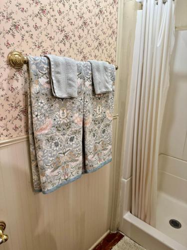 a bathroom with a shower curtain and towels at Pansy’s Parlor Bed & Breakfast in Golden