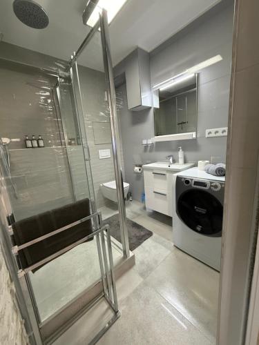 a bathroom with a shower and a washing machine at Modern Oasis in Nová Lesná