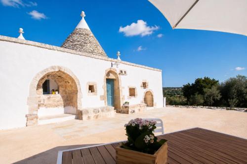 a church with a blue sky in the background at Trulli Santa Maria dei Grani - Authentic Puglia Trulli with Private Pool & Scenic Garden in Ceglie Messapica