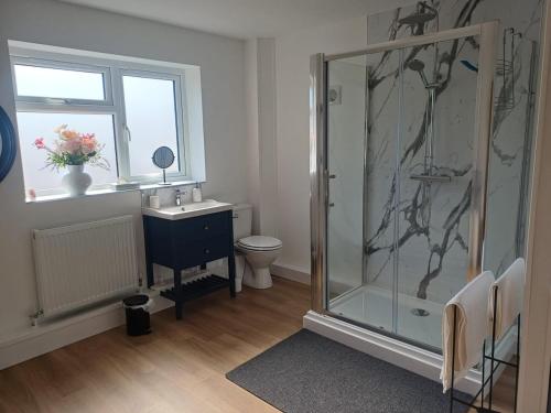 a bathroom with a shower and a sink and a toilet at Ives End in Buxton