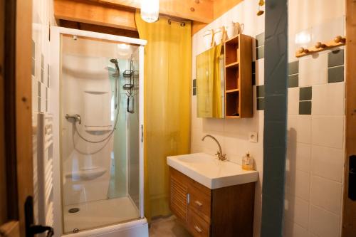 a small bathroom with a shower and a sink at Le chalet d'en ô in Les Clefs