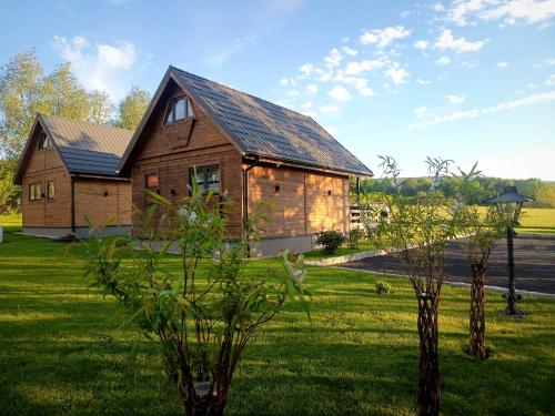 a house in a field with trees in front of it at Domki Skitnica in Mirsk