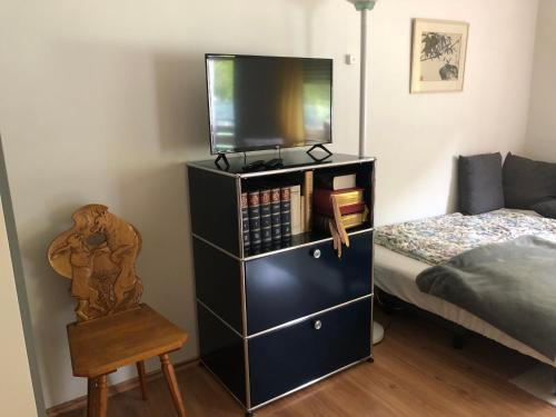 a bedroom with a tv and a bed and a chair at Eichhörnchens Paradies in Todtmoos