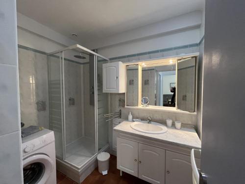 a bathroom with a shower and a sink and a washing machine at Fréjus Plage - 5mins à pied des plages - Maisonette avec jardin, 4p, au calme absolu in Fréjus