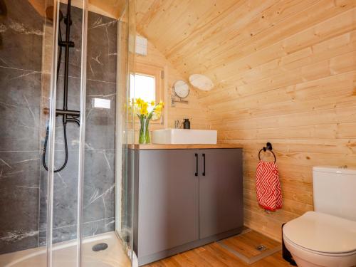 a bathroom with a shower and a toilet and a sink at Little Oaks in Dingwall