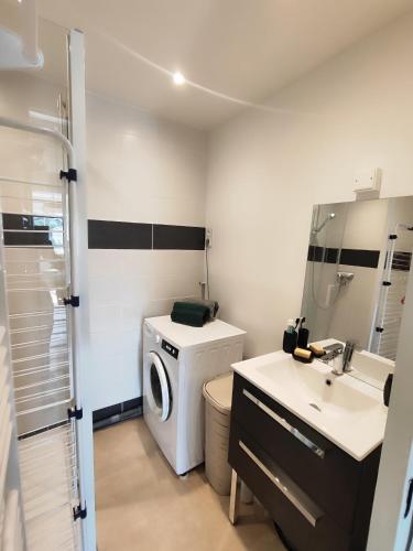 a bathroom with a washing machine and a sink at Charmant T2 in Embrun