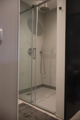a shower with a glass door in a bathroom at B&B de Beurtvaart in Dokkum