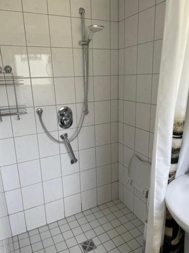 a bathroom with a shower stall with a toilet at Vakantiewoning MaRa in Neuenhaus