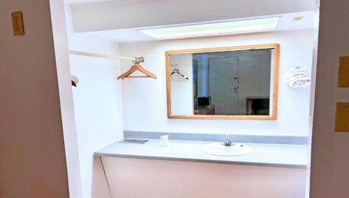 a bathroom with a sink and a mirror at Thunderbird Motel Hillsboro in Hillsboro