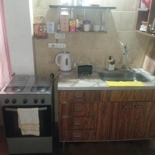a small kitchen with a stove and a sink at Punto Descanso in Corrientes