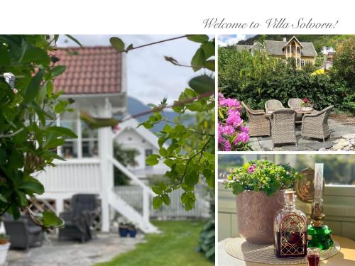 a collage of photos of a house and a table with flowers at Villa Solvorn in Solvorn