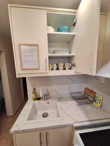 a kitchen with a sink and white cabinets at Chios Flower House in Agia Ermioni