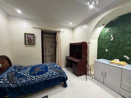 a bedroom with a bed and a green wall at Hostal Atlantis Middle World in Quito