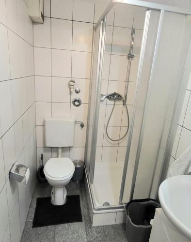 a bathroom with a shower and a toilet and a sink at Tolle Stadtwohnung in Darmstadt