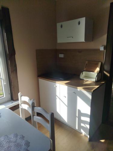 a kitchen with a counter with a phone on top of it at Zakątek Wejsuny in Ruciane-Nida