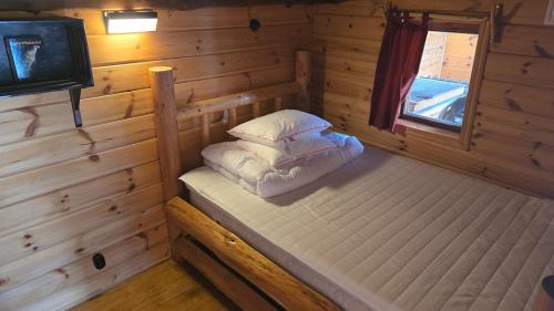 a bedroom with two beds and a tv in a cabin at Tranan' in Karlsborg