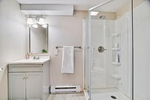 a white bathroom with a shower and a sink at Lake Front Firepit Dock Game Room Pets OK in Locust Lakes Village