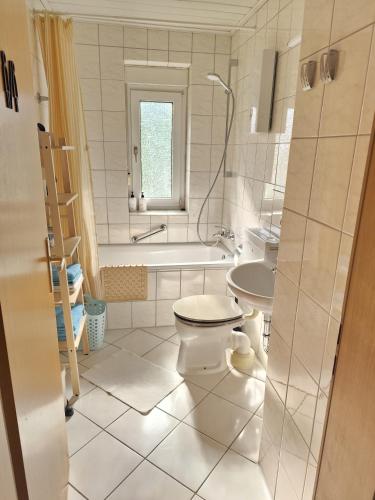 a bathroom with a toilet and a tub and a sink at Little Castle in Bad Kreuznach