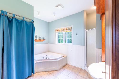 a bathroom with a tub and a shower curtain at Domaine des sentiers in Mansonville