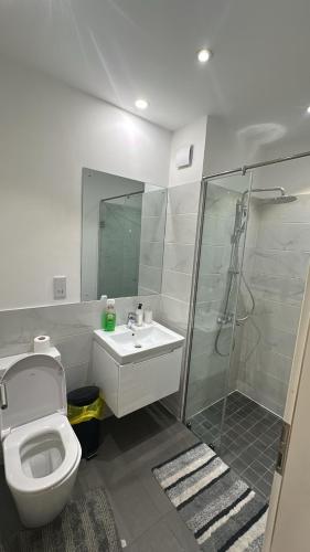 a bathroom with a toilet and a shower and a sink at Luxury Studio Condo in Accra