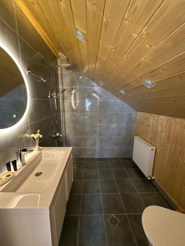 a bathroom with a sink and a toilet and a mirror at Cabin AISI in (( Gergeti ))